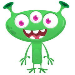 Funny cartoon green alien with three eyes illustration. Vector isolated