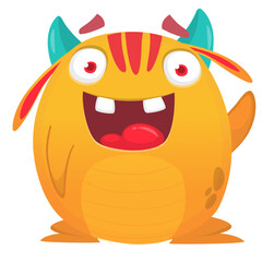 Funny cartoon monster character. Illustration of cute and happy alien creature for Halloween party decoration or package design. Vector isolated