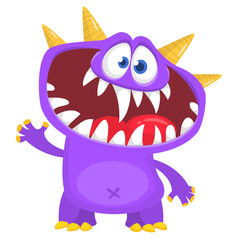 Funny cartoon monster character. Illustration of cute and happy alien creature for Halloween party decoration or package design. Vector isolated