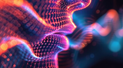 Fototapeta premium A digital human profile emits vibrant waves of data. Futuristic digital glitch effect with neon colors and distorted lines, offering a trendy and edgy backdrop