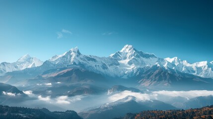 A panoramic view of a snow-capped mountain range under a clear blue sky - Powered by Adobe