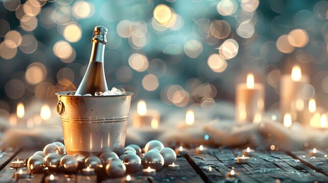 Chilled Vintage Wine in Icy Bucket Amid Glowing Candles for Cozy,Luxurious
