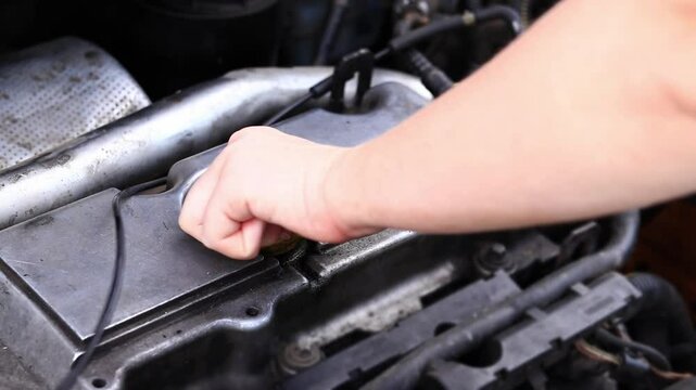 Change of oil. A woman's hand opens or closes the oil filler cap. Changing the oil in a diesel car engine. Car maintenance. Old car