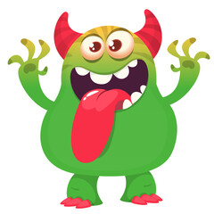 Fototapeta premium Funny cartoon monster character. Illustration of cute and happy alien creature for Halloween party decoration or package design. Vector isolated