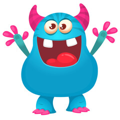 Funny cartoon monster character. Illustration of cute and happy alien creature for Halloween party decoration or package design. Vector isolated