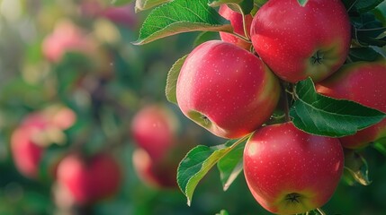 Fresh red apples on tree background, they glow in the sun among the lush green leaves of the apple orchard.