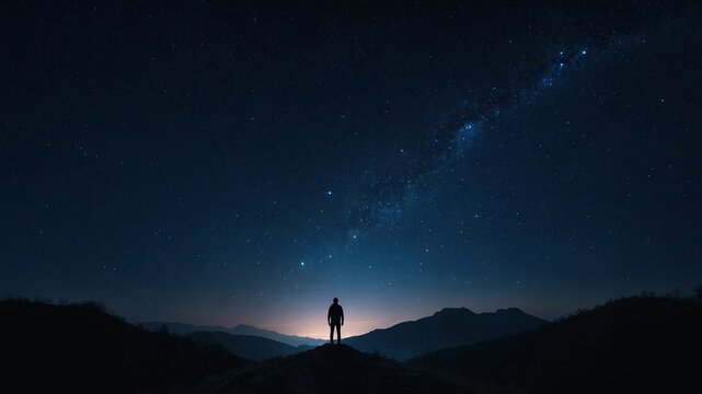 Man Standing on Hill Under Starry Night Sky, the silhouette of the figure.