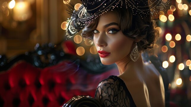 A woman channeling the Gatsby Era's allure exudes the extravagance and elegance of the Roaring Twenties bringing to life the era's captivating glamour and sophistication.