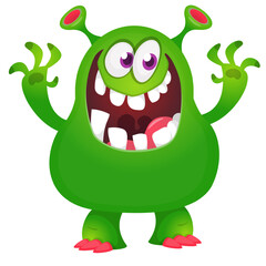 Funny cartoon monster character. Illustration of cute and happy alien creature for Halloween party decoration or package design. Vector isolated