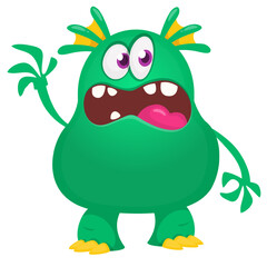 Funny cartoon monster character. Illustration of cute and happy alien creature for Halloween party decoration or package design. Vector isolated