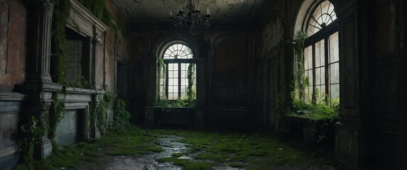 Haunted abandoned old Georgian house interior Doorway with moss and ivy Rusty old room Arched entrance Arched pillars Grungy and ancient.