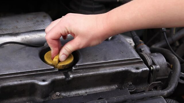 Change of oil. A woman's hand opens or closes the oil filler cap. Changing the oil in a diesel car engine. Car maintenance. Old car