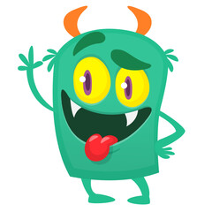 Funny cartoon monster character. Illustration of cute and happy alien creature for Halloween party decoration or package design. Vector isolated
