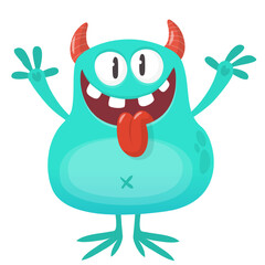 Funny cartoon monster character. Illustration of cute and happy alien creature for Halloween party decoration or package design. Vector isolated