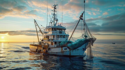 A sustainable fishing trawler with eco-friendly nets and sorting systems