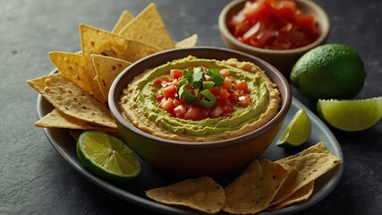 Homemade hummus, salsa and guacamole with corn chips.