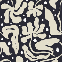 Monochrome black and white brush strokes inky flowers seamless pattern. Abstract floral contemporary background.