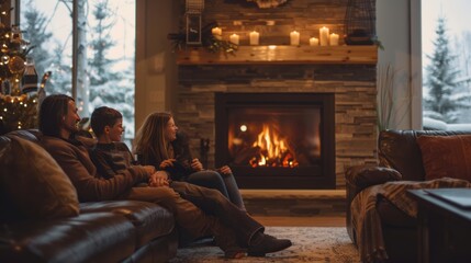 A cozy living room with a family gathered around a fireplace on a winter evening