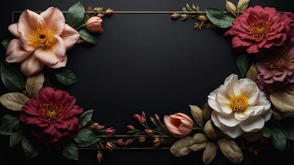 8K Ultra HD detailed. realistic floral border illustration horizontal, black solid background empty space text