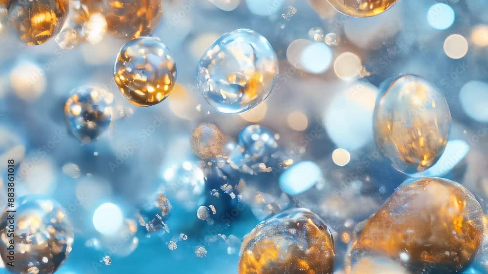Poster a collection of golden and silver bubbles floating with light bokeh in the background, creating a fe
