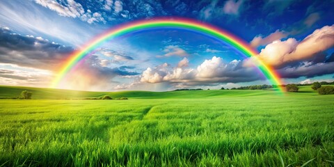 Naklejka premium Vibrant rainbow over a serene meadow, rainbow, meadow, colorful, nature, landscape, vibrant, beautiful, sky, grass, peaceful