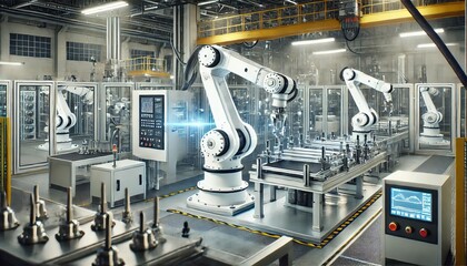 A high-tech factory with robotic arms working on an assembly line, showcasing industrial automation