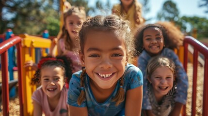 Fototapeta premium A diverse group of children playing together in a playground, expressing joy and camaraderie