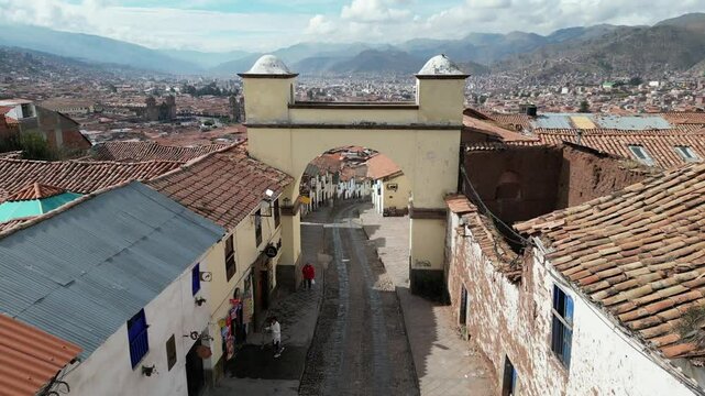 4k 60 fps arc of santa ana in cusco drone shoot in sunny day