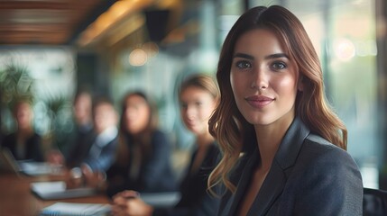 A young professional woman in a business suit confidently leading a team meeting in a boardroom
