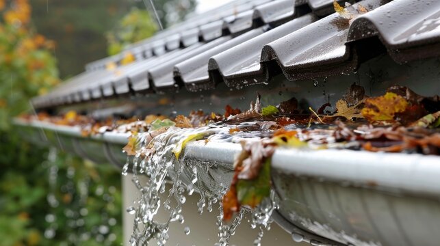 Rainwater overflowing from a clogged white gutter