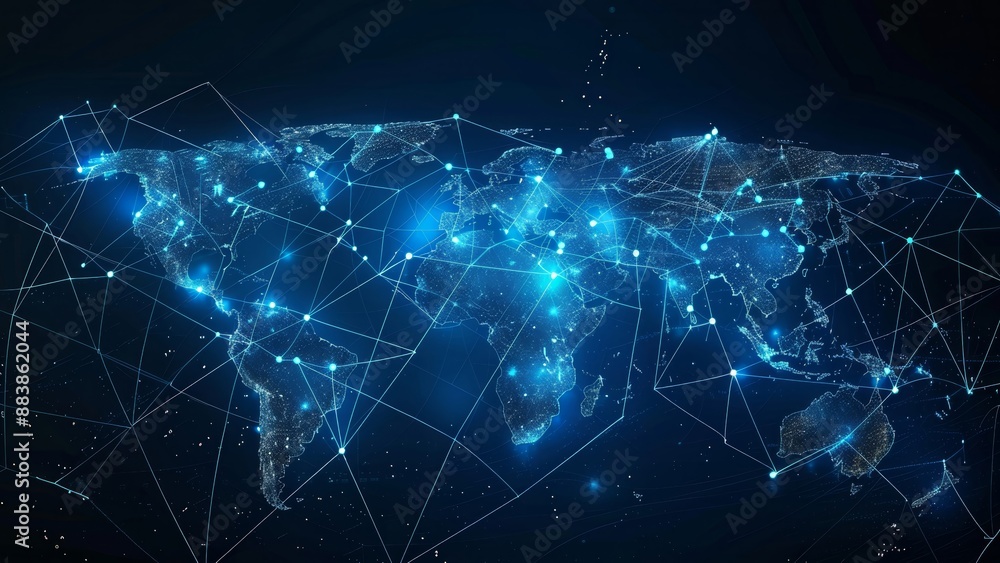 Poster global network connection. world map with glowing lines and dots.