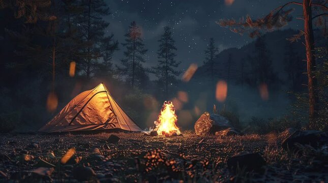 Night in the woods: Glowing tent and bonfire camp in serene forest setting
 Seamless looping 4k time-lapse virtual video animation Generated AI