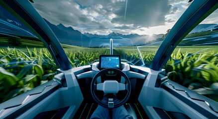 view from the driver's seat of an open modern tractor