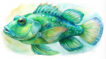 Soft watercolor sketch of a green mandarin fish.