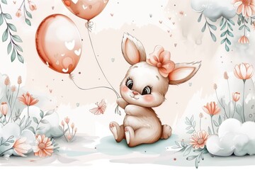 Cute baby bunny with balloons in a dreamy floral setting, perfect for nursery decor or children's illustrations.