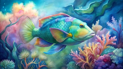 Colorful parrotfish swimming in a coral reef,digital, illustration, watercolor