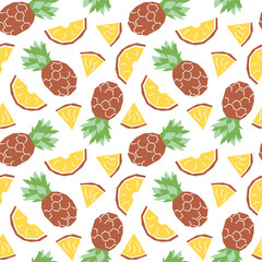 Pineapple cartoon seamless pattern. Tropical fruits background isolated on white. Pineapple slice pieces geometric print for fabric, paper, design.