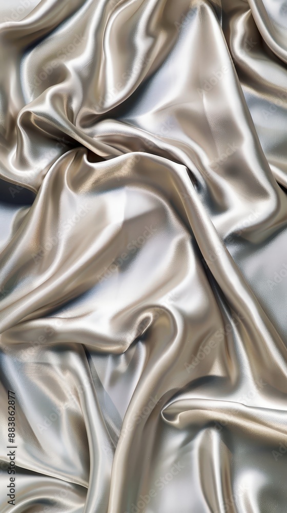 Poster a soft, flowing satin fabric in silver, capturing the delicate folds and sheen of silk material. the
