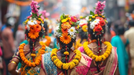 A colorful Hindu festival procession with people in traditional attire and adorned with ornaments