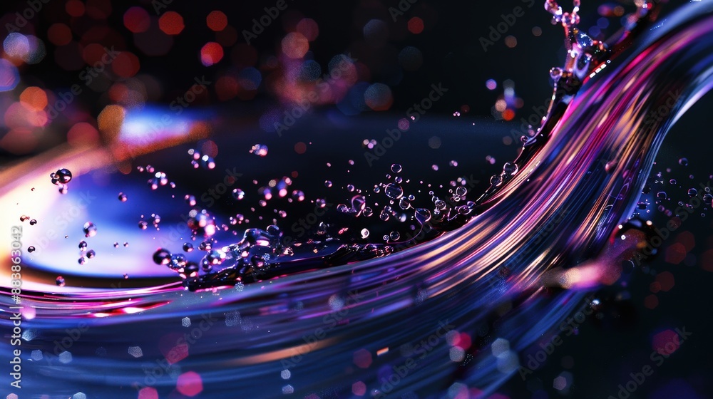 Poster a dynamic digital wave of purple and blue light, with bubbles and sparks floating around it. the bac