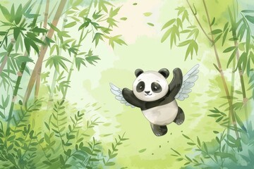 Whimsical illustration of panda flying with wings in a bamboo forest, surrounded by greenery and sunlight.