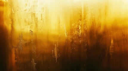 Abstract blurry golden texture background with water drops on glass, sunset light. Dark yellow and brown colors