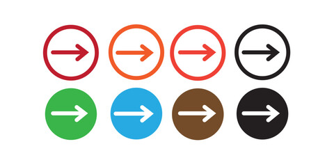 Right arrow button. Round icon with long shadow on red or blue...