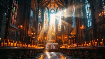 Fototapeta premium A solemn religious ceremony in a historic European cathedral, with ornate stained glass windows and candlelight.