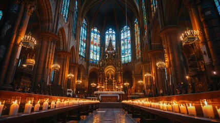 Fototapeta premium A solemn religious ceremony in a historic European cathedral, with ornate stained glass windows and candlelight.