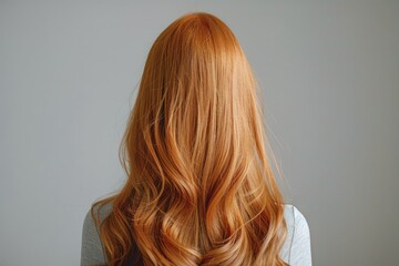 Naklejka premium Back view of woman with long ginger shiny hair on grey background. Concept: beauty eco product design, haircare, hair coloring techniques, dyeing, woman's health
