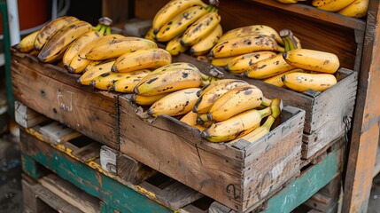 Bananas In Wooden Crates At Market