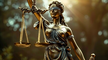 Closeup of the bronze statue of Themis blindfolded goddess of justice holding the scales of law and a sword on a dark background with light coming from above