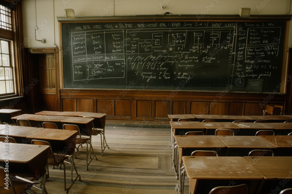 Poster empty classroom with rows of desks and a chalkboard
