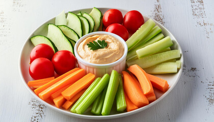 Assortment of fresh vegetables served with a creamy dip. Close up vegetable crudites with hummus